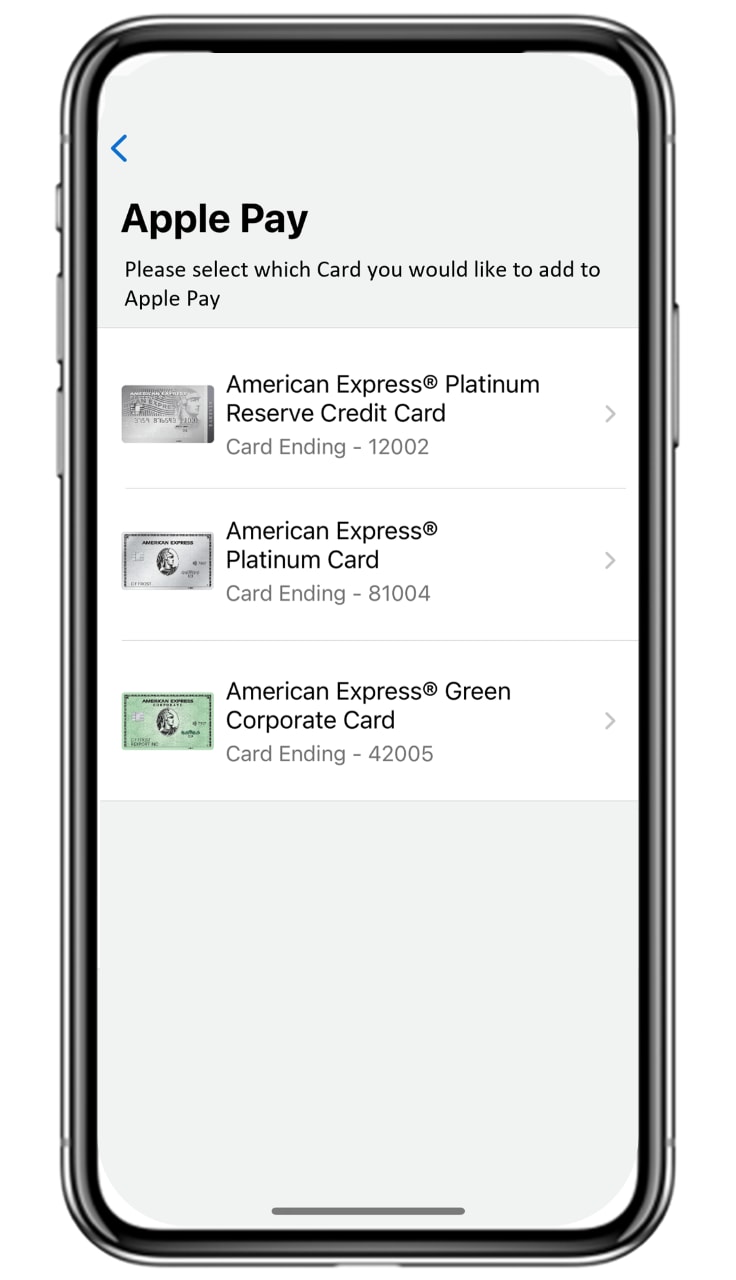 Set up via Amex App - Step 2 - Screen print of an Apple device Set up via Amex App - Step 2 - Screen print of an Apple device