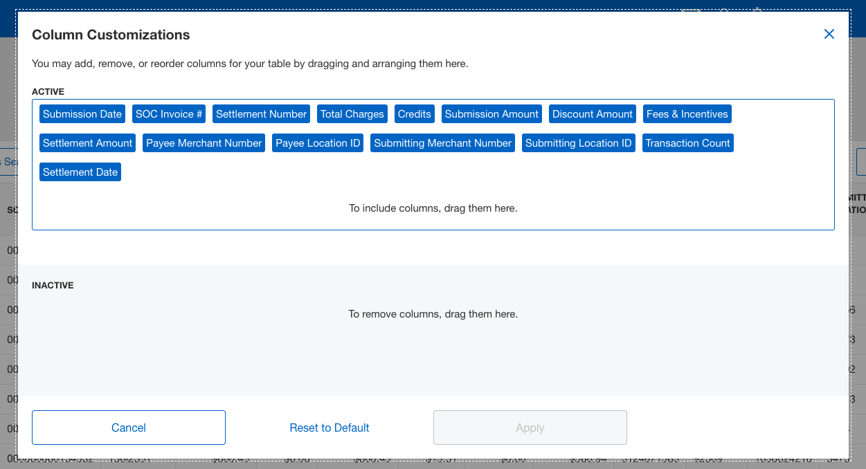 Screenshot of column customization options