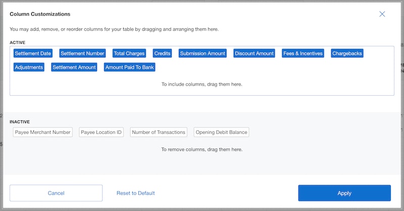 Screenshot of column customization options