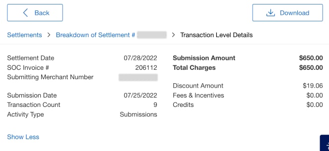 Screenshot of transaction level details of a settlements