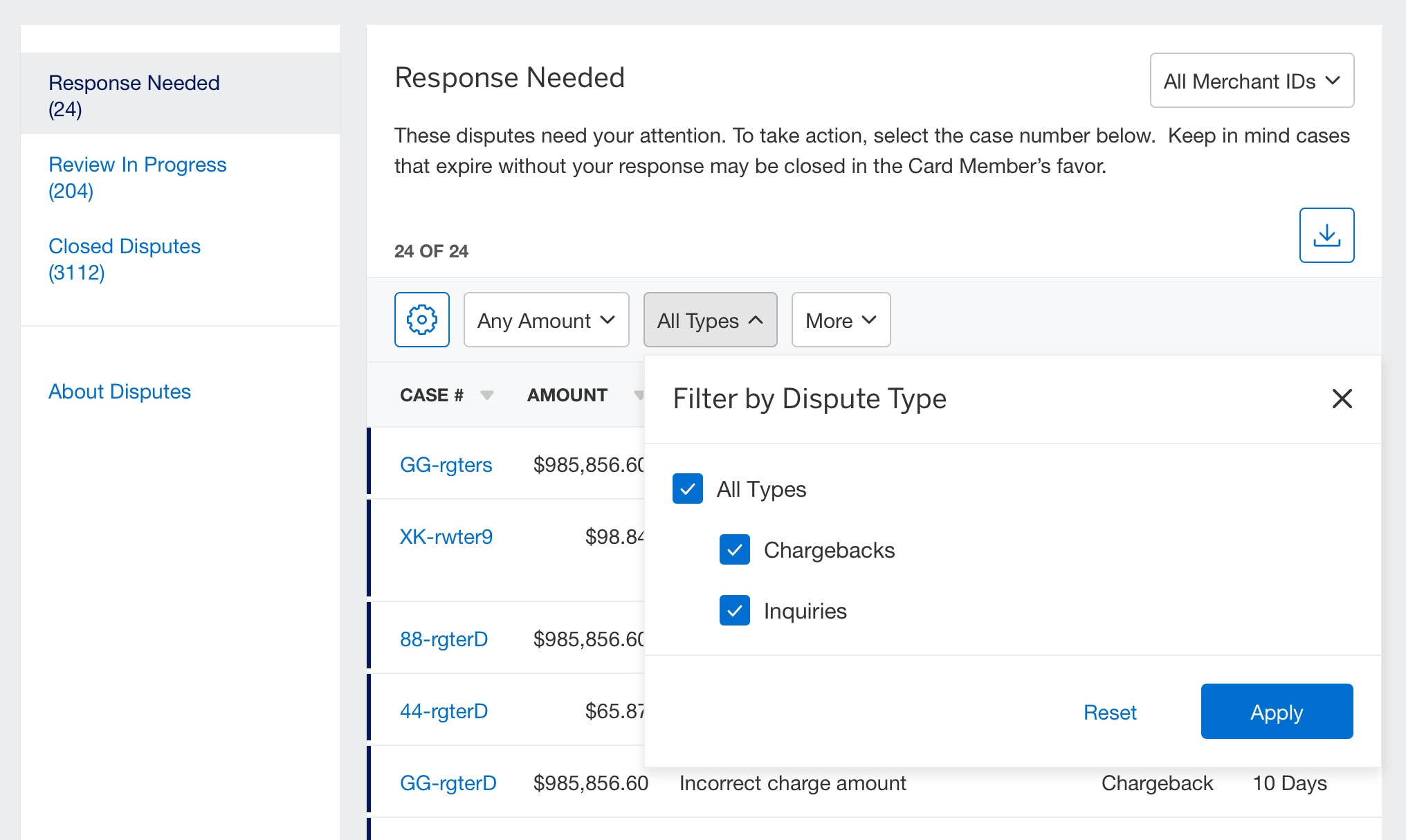 Screenshot of filtering by type of Dispute
