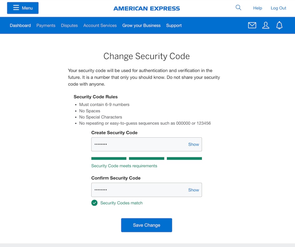 Screenshot of Change Security Code page and input screen for new security code