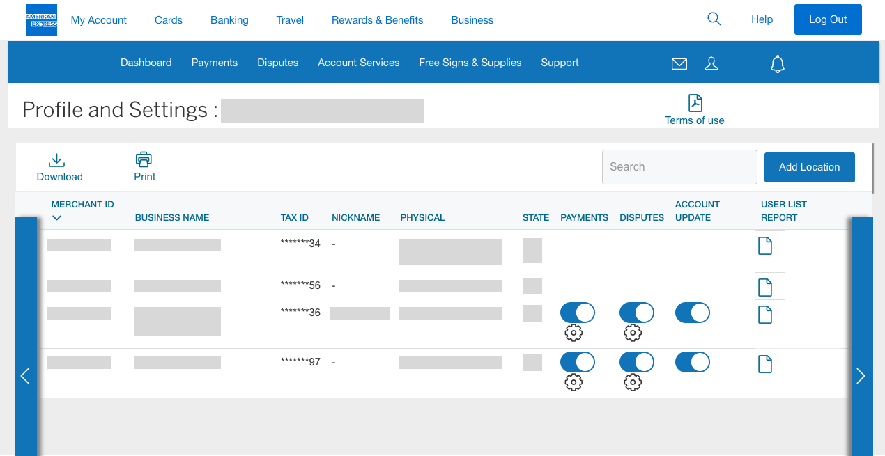 Screenshot of Manage Locations page on Account Services page