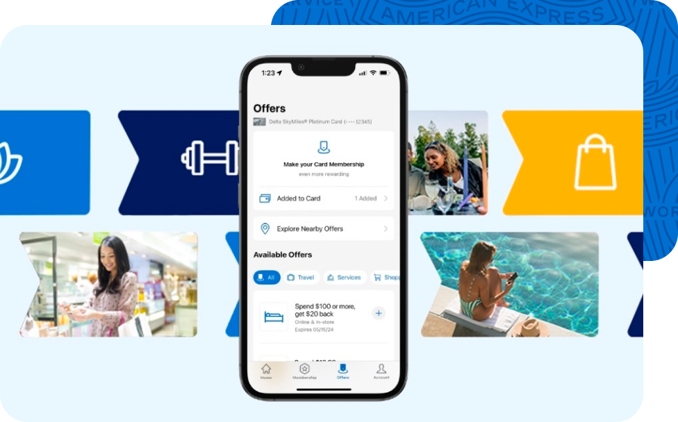 Amex Offers on mobile device on top of background imagery of Card Members living life