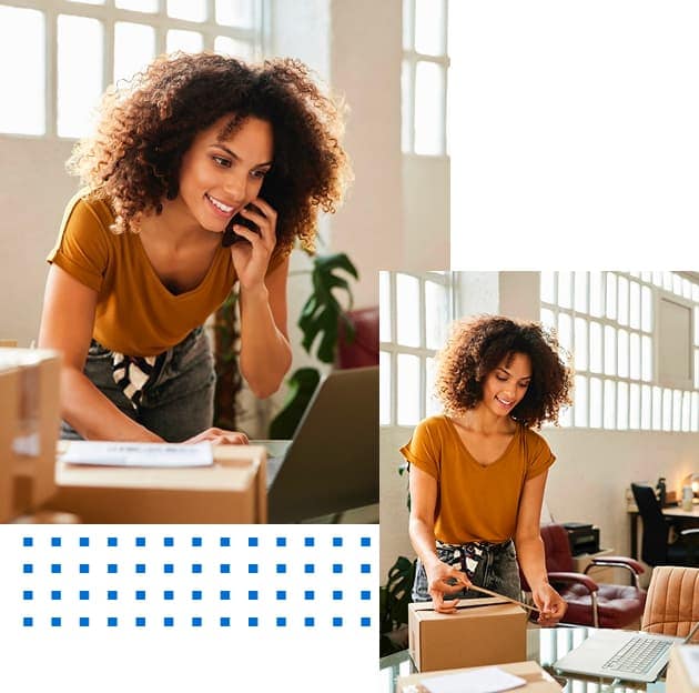 Person on phone and a Person packing a box