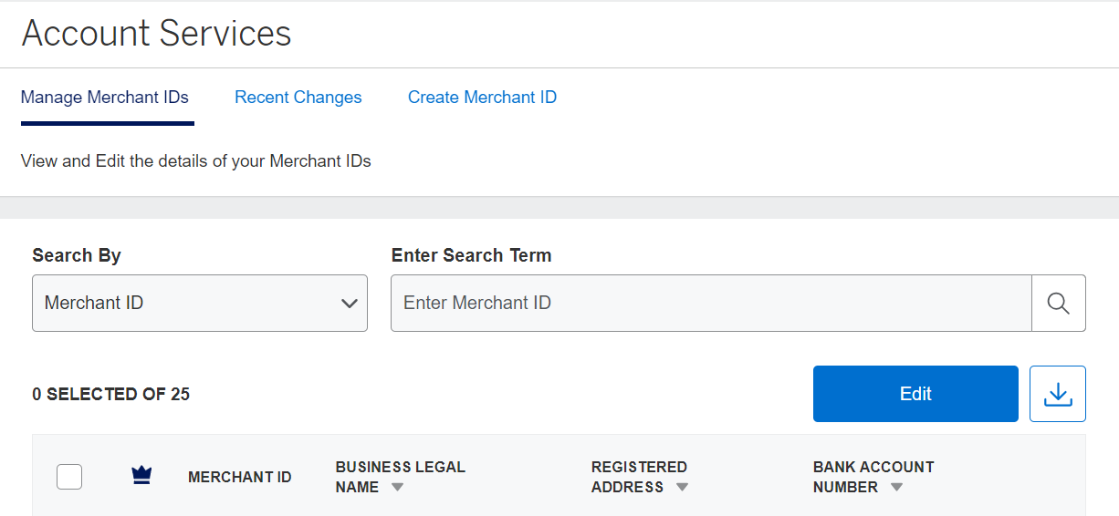 Screenshot of Account Services view