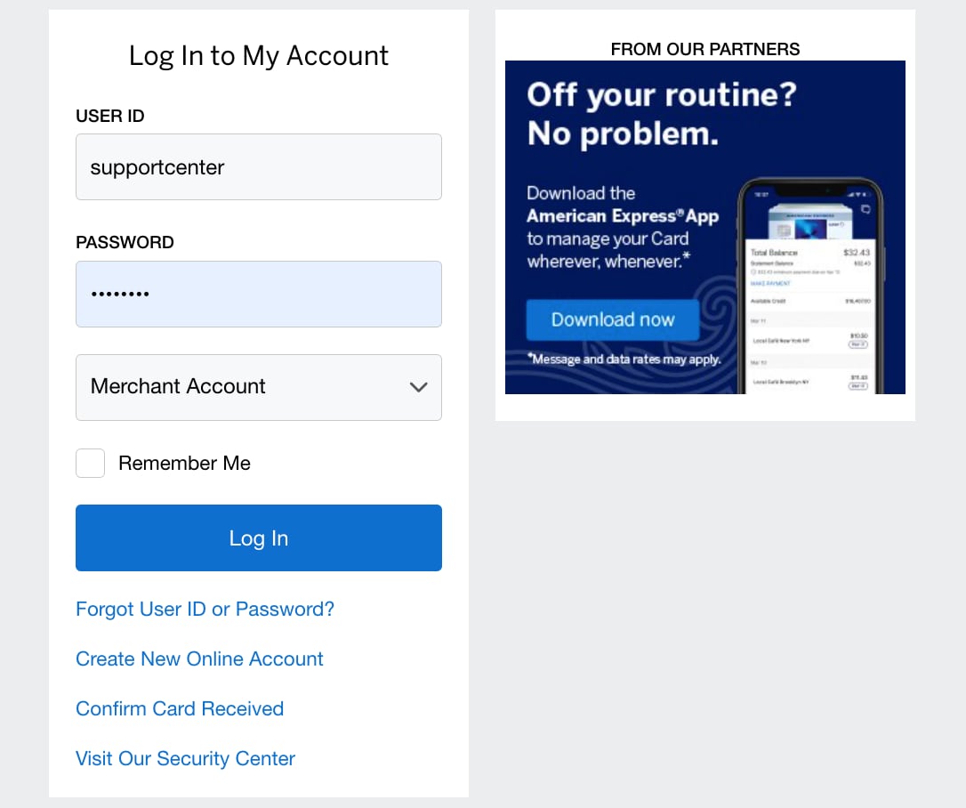 Screenshot of merchant login page