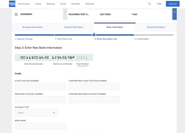 Screenshot of Step 3: Inputting updated Bank Information