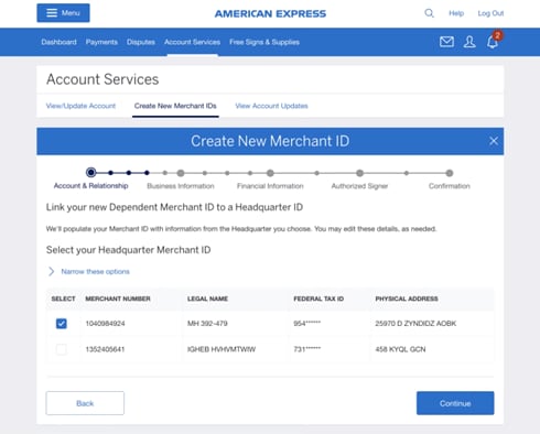 Screenshot of selecting Headquarter Merchant ID