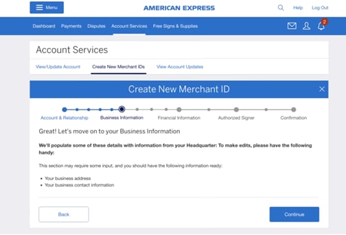 Screenshot of next step in process to input business information