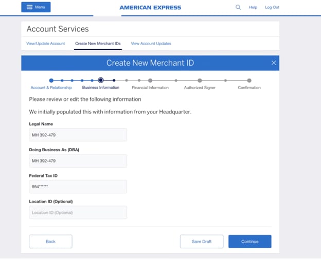 Screenshot of page to input business information
