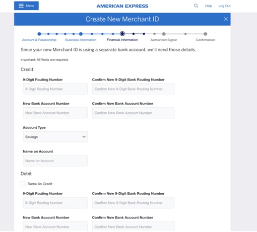 Screenshot of financial information needed if it is an individual Pay Merchant ID