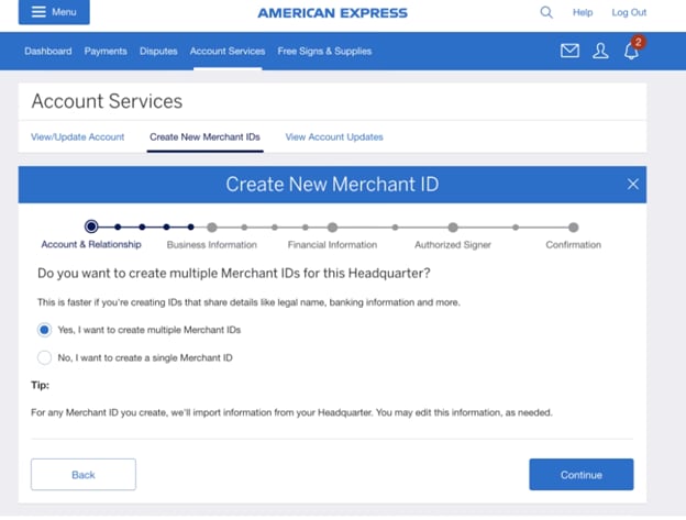 Screenshot of option to create multiple merchant IDs