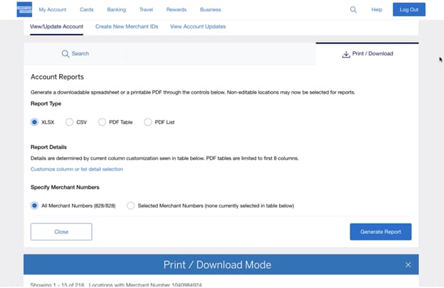 Screenshot of option to print or download account reports