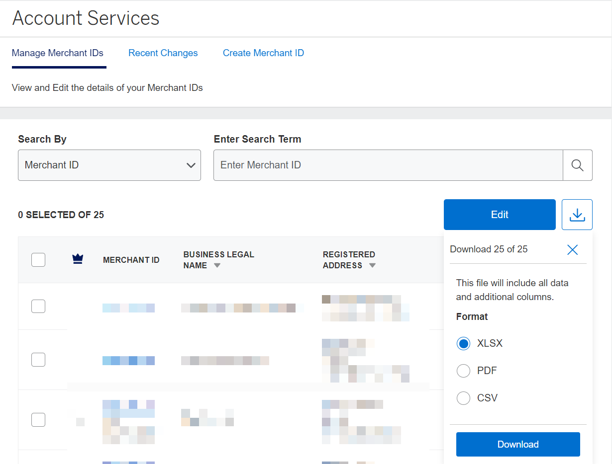 Screenshot of option to print or download account reports as a user with multiple merchant IDs