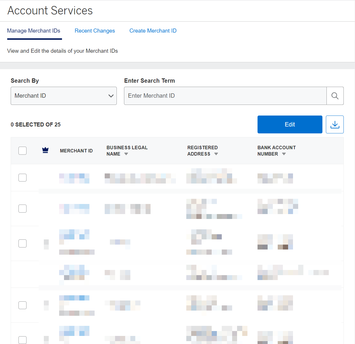 Screenshot of the View/Update tab under Account Services